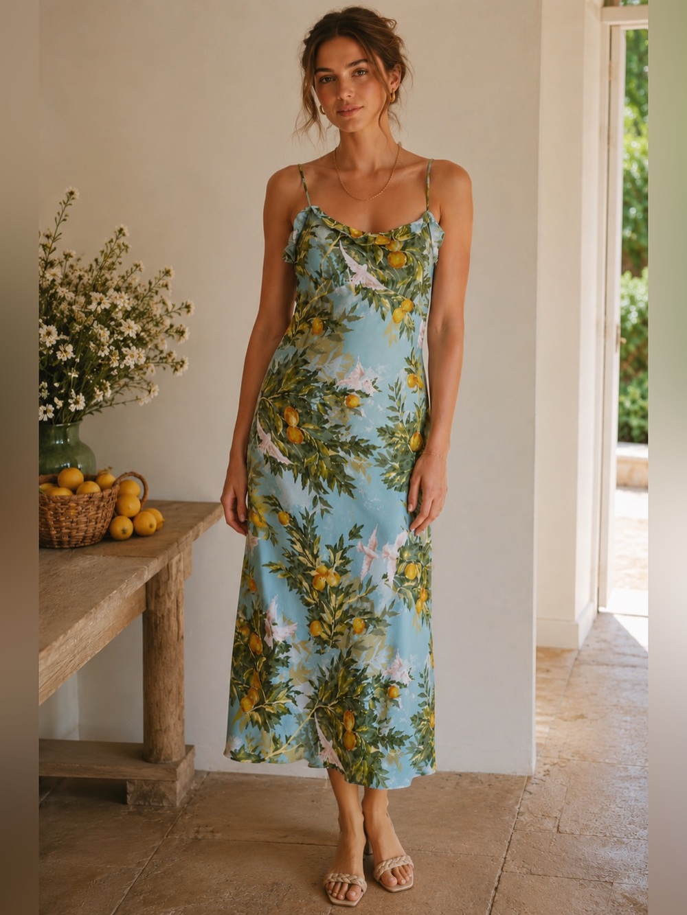 Reformation Arabella 100% Silk Slip Dress in Villa Livia‎ Blue Lemon Print